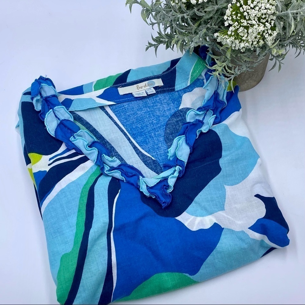Boden blue, white‎ & green floral tunic dress Sz 10, lightweight, ruffled neck